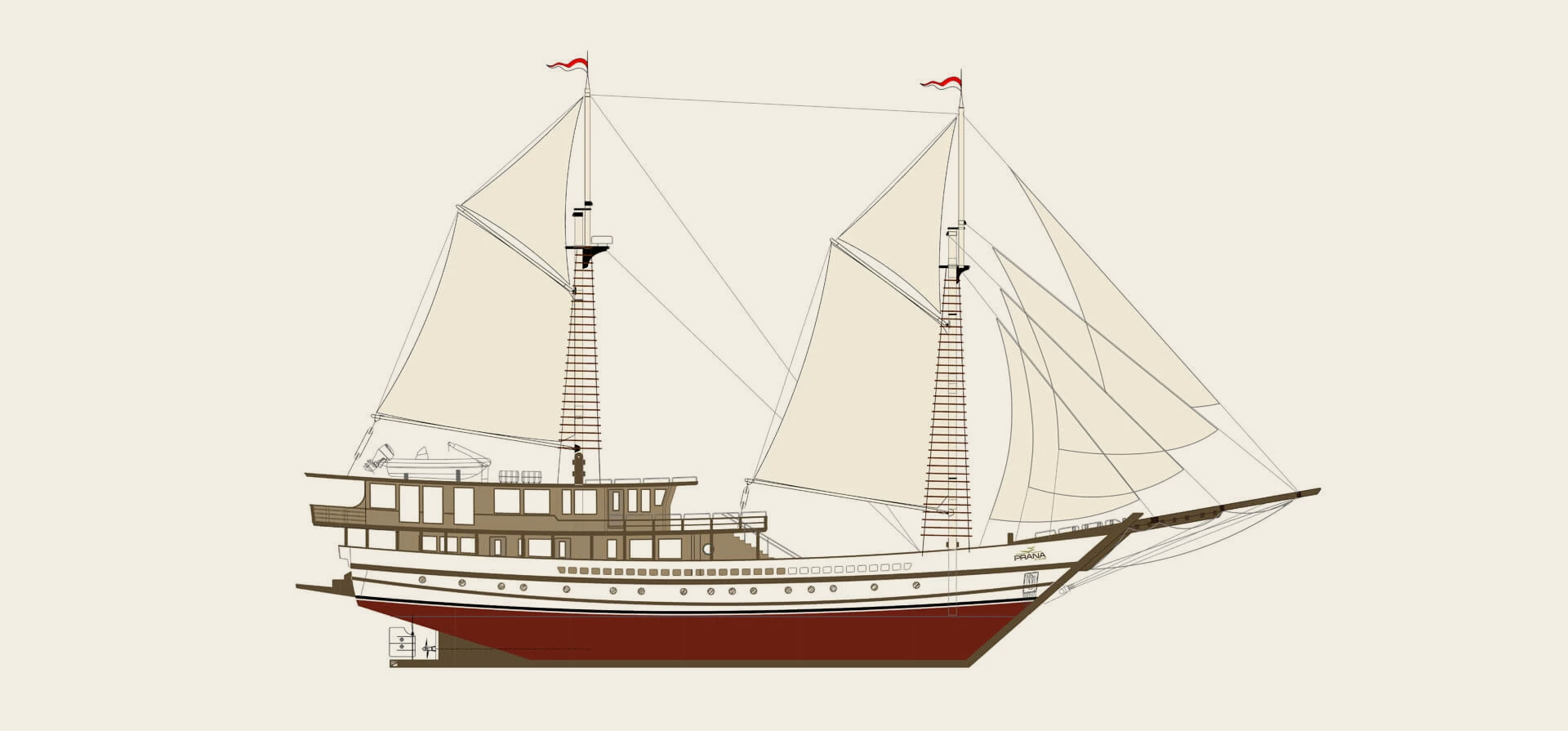 Side elevation of Prana under sail
